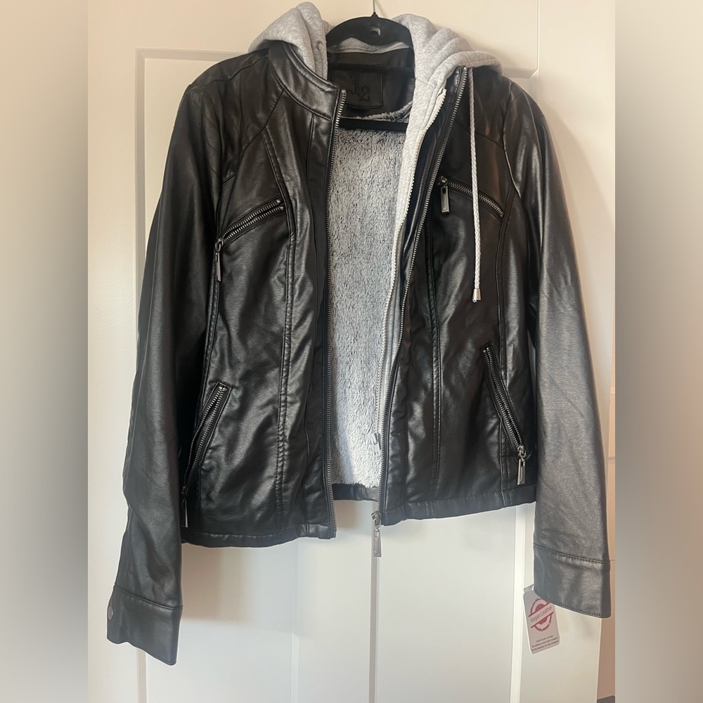 Black Vegan Leather Jacket with Faux Fur Lining & Removable Hood – Medium/Large